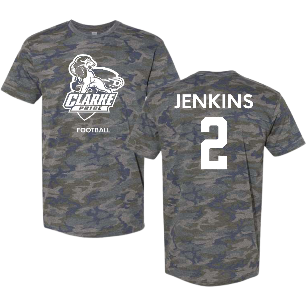 Clarke University Football Vintage Camo Tee - #2 Jasper Jenkins