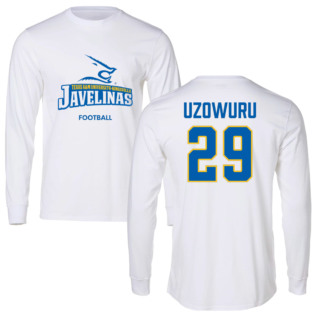 Texas A&M University-Kingsville Football White Performance Long Sleeve - #29 Bryan Uzowuru