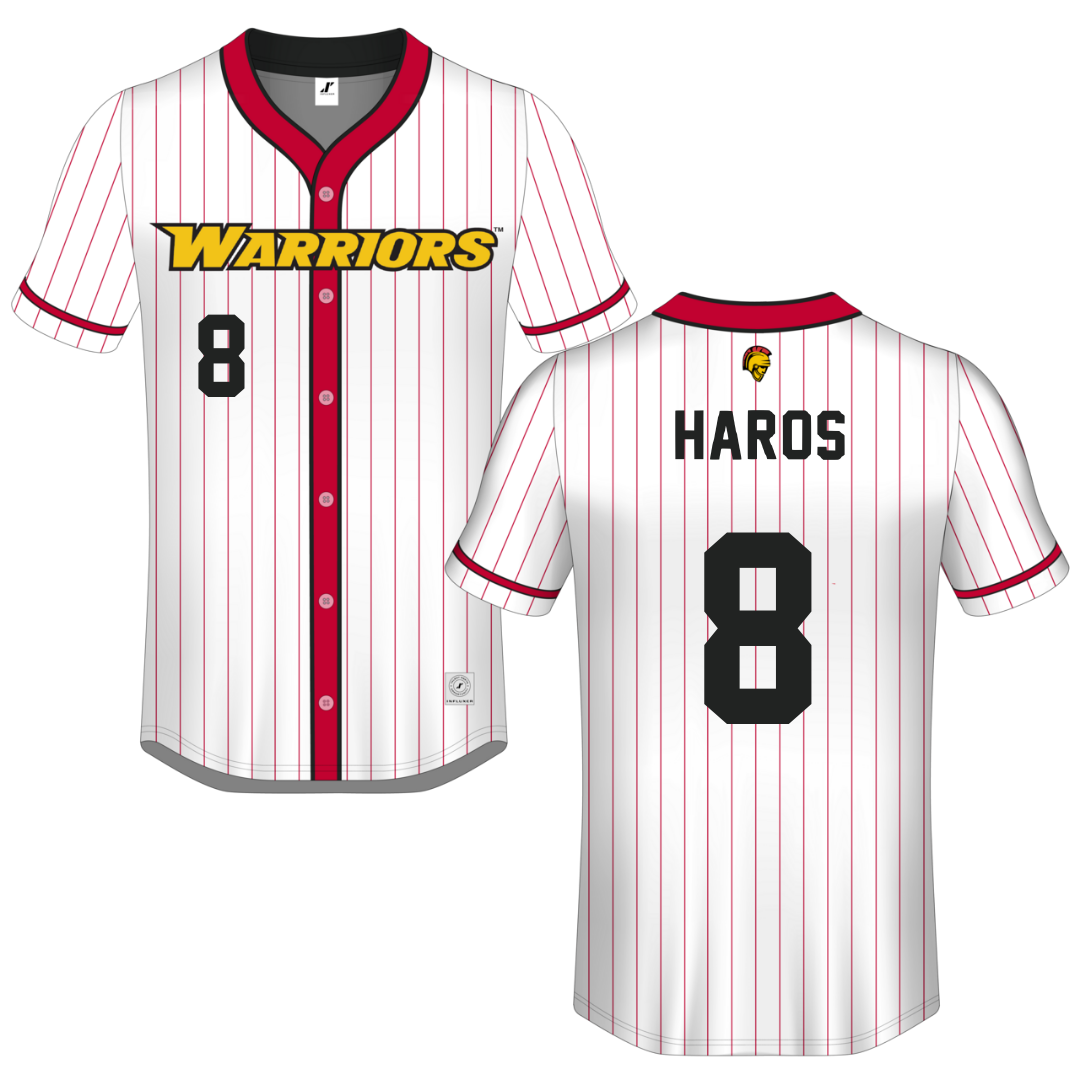 Stanislaus State White Pinstripe Button-Down Jersey - #8 Jacob Haros