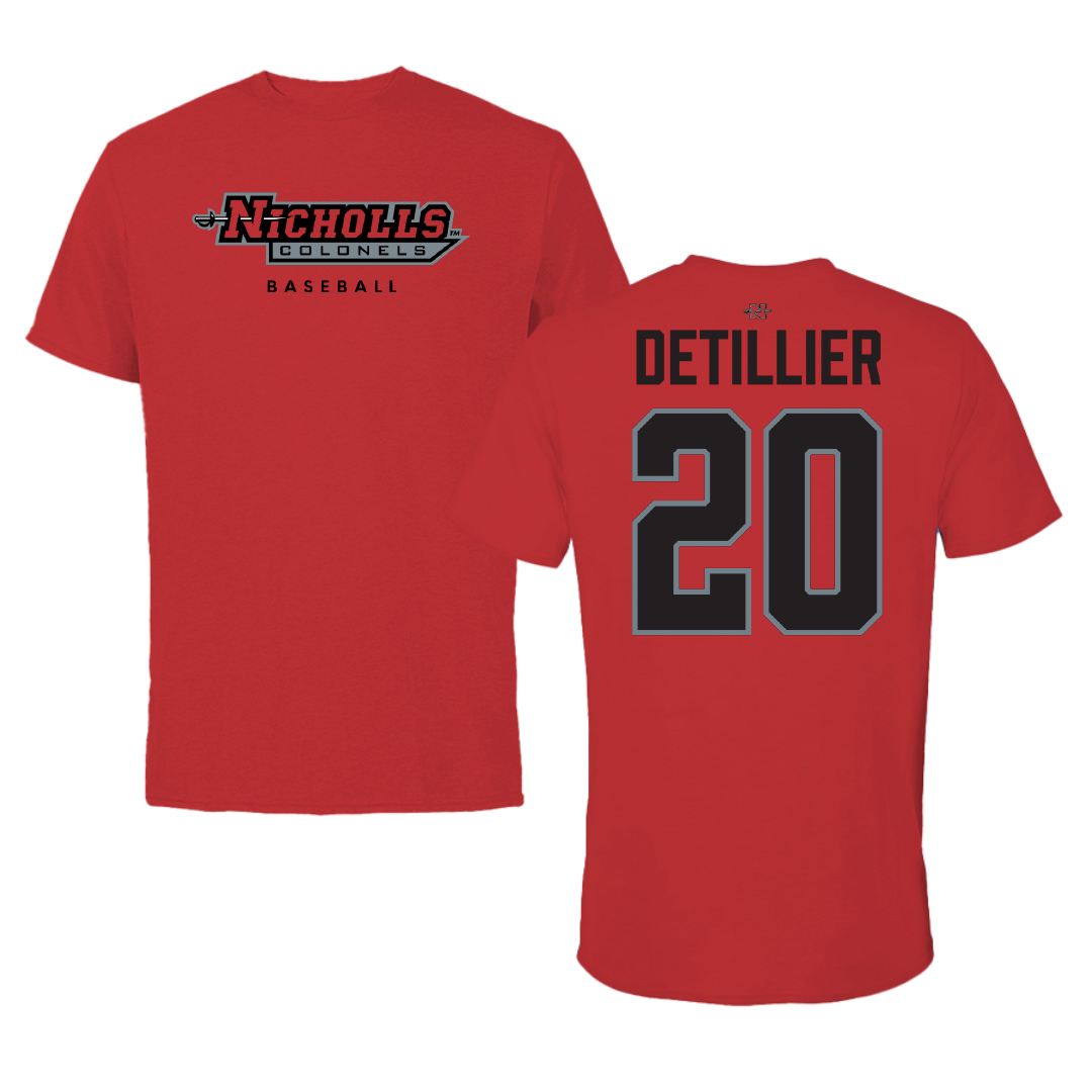 Nicholls State University Baseball Red Tee - #20 Noah Detillier