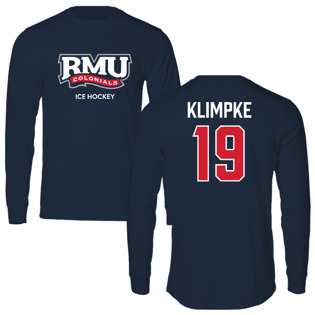 Robert Morris University Ice Hockey (M) Navy RMU Long Sleeve - #19 Tanner Klimpke