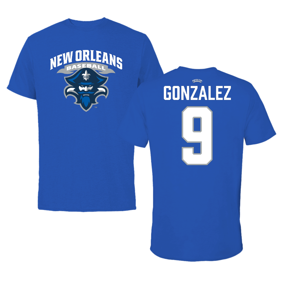 University of New Orleans Baseball Blue Performance Tee - #9 Matt Gonzalez