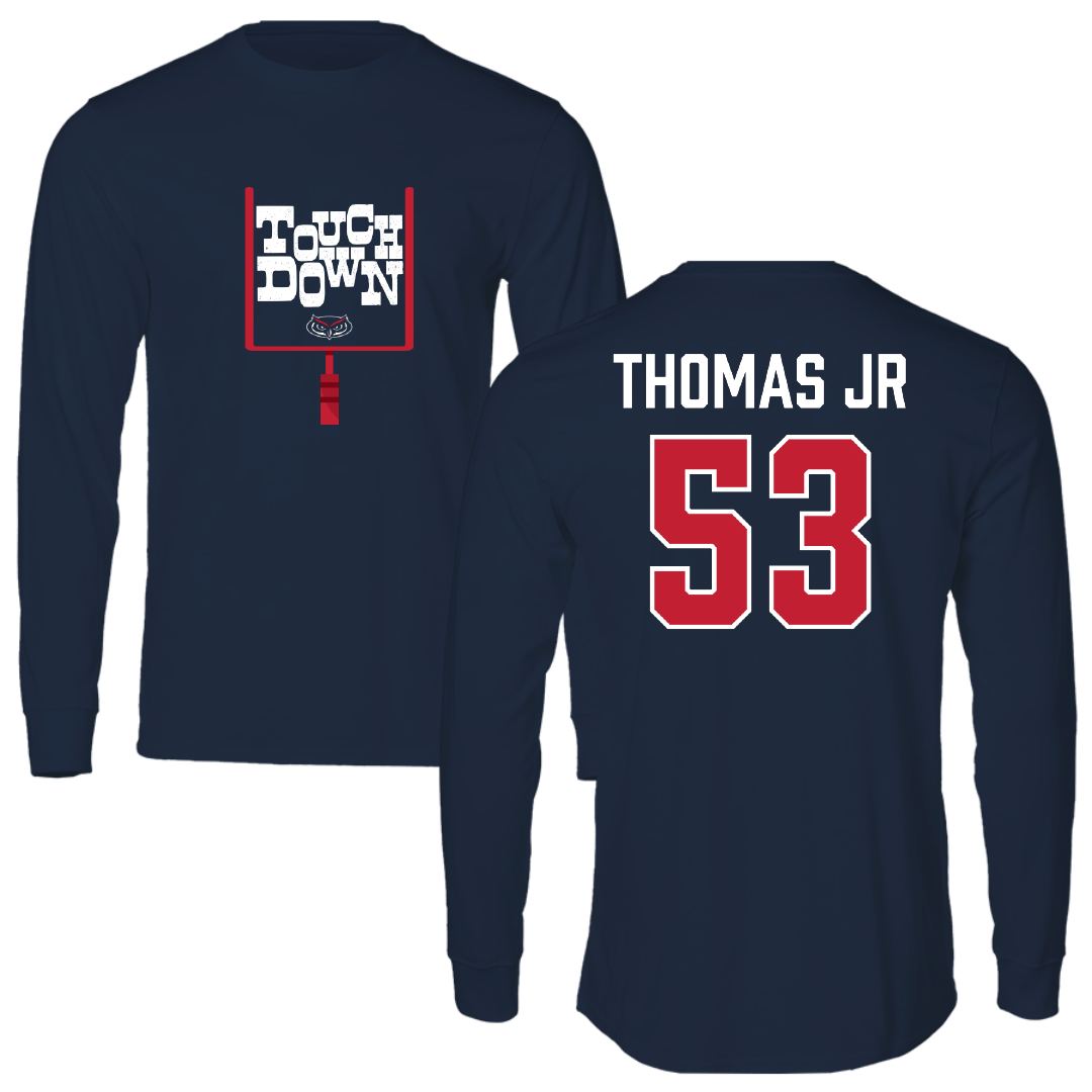 Florida Atlantic University Football Navy Touchdown Long Sleeve - #53 Richard Thomas Jr
