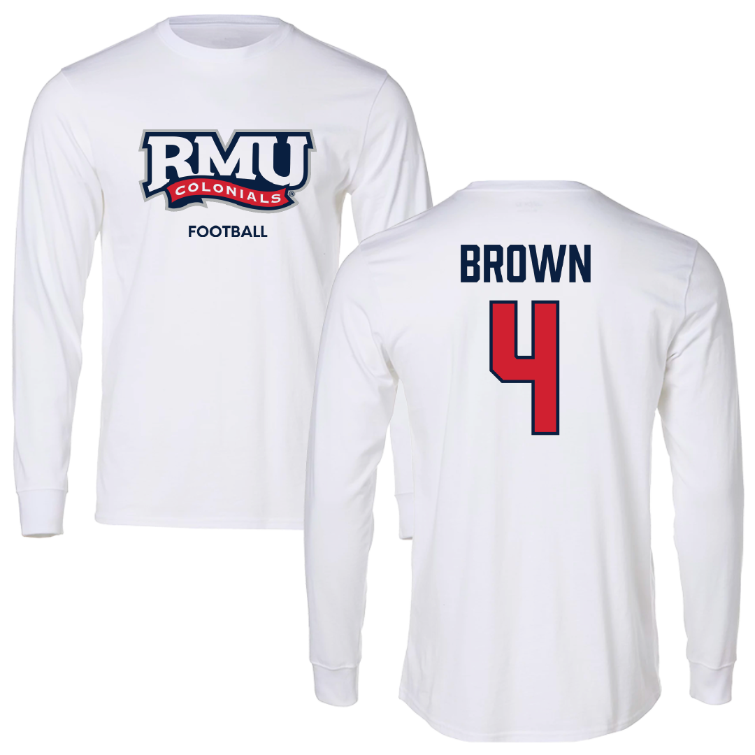 Robert Morris University Football White Performance Long Sleeve - #4 Tony Brown