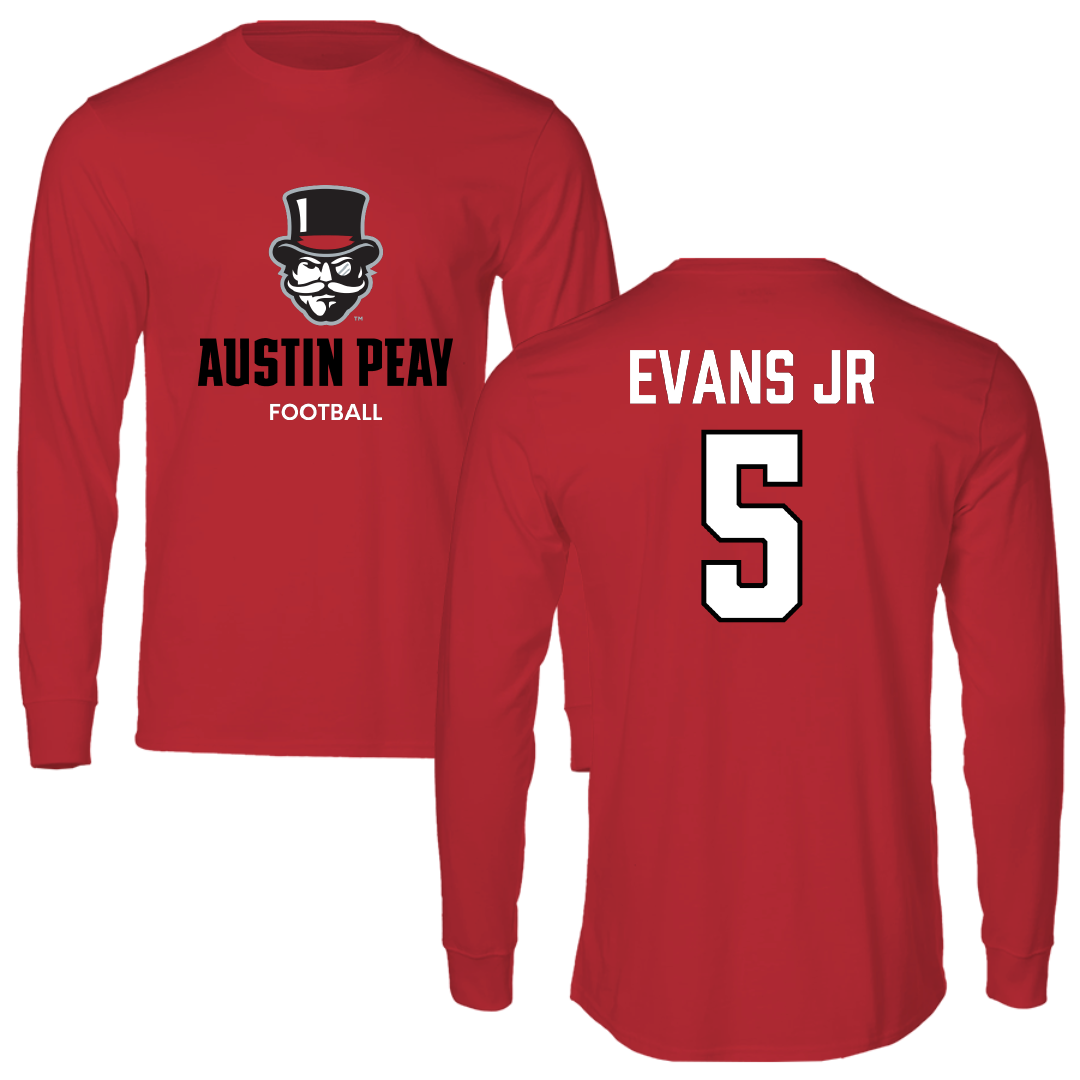 Austin Peay State University Football Red Mascot Performance Long Sleeve - #5 CJ Evans Jr