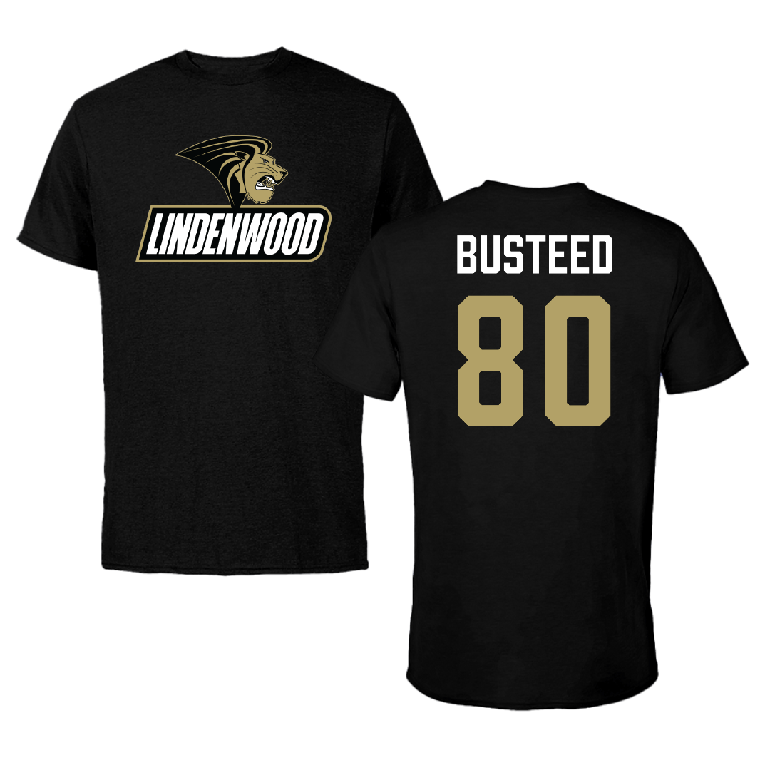 Lindenwood University Football Black Performance Tee - #80 Mac Busteed