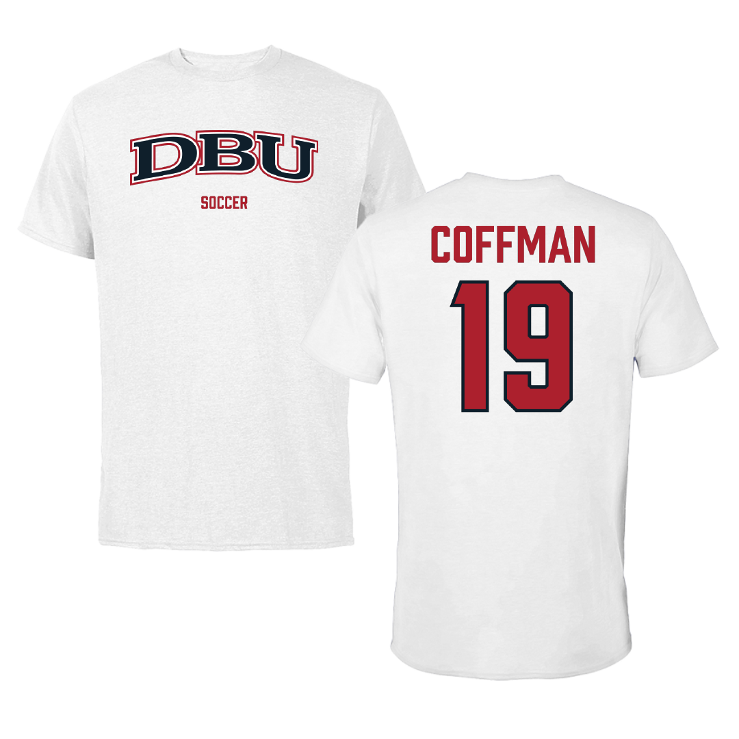 Dallas Baptist University Soccer (W) White Tee - #19 Kylar Coffman