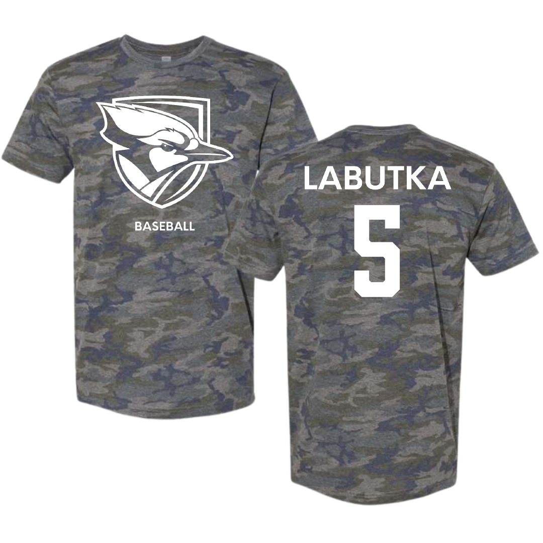 Elmhurst University Baseball Vintage Camo Tee - #5 Benjamin Labutka