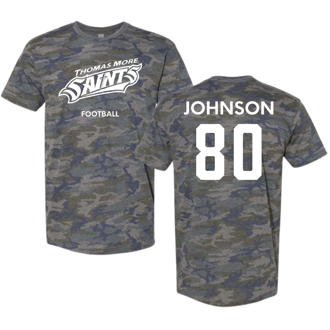 Thomas More University Football Vintage Camo Tee - #80 Peyton Johnson