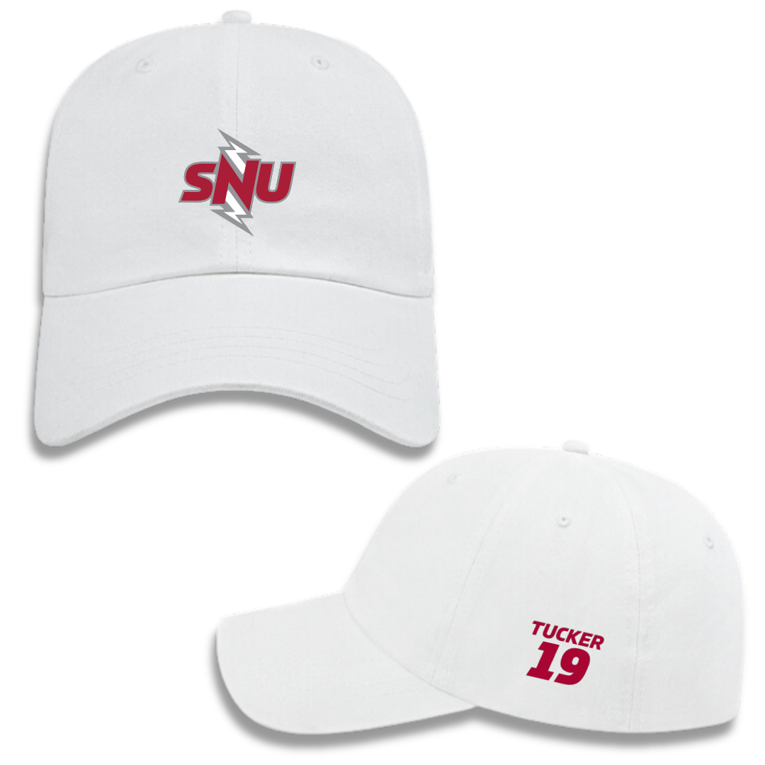 Southern Nazarene University Baseball White Hat - #19 Caleb Tucker