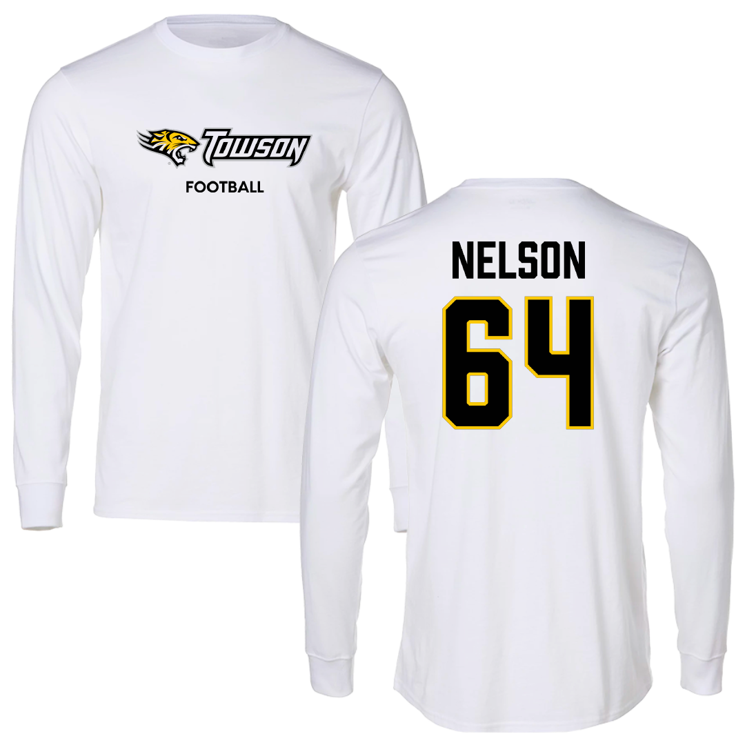 Towson University Football White Performance Long Sleeve - #64 Joden Nelson