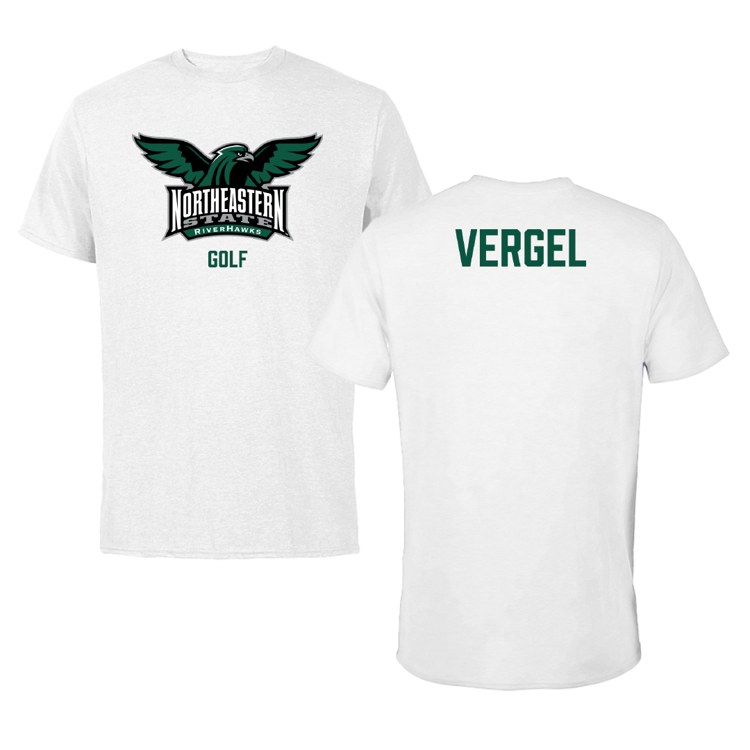 Northeastern State University Golf (M) White Performance Tee - Juan Vergel