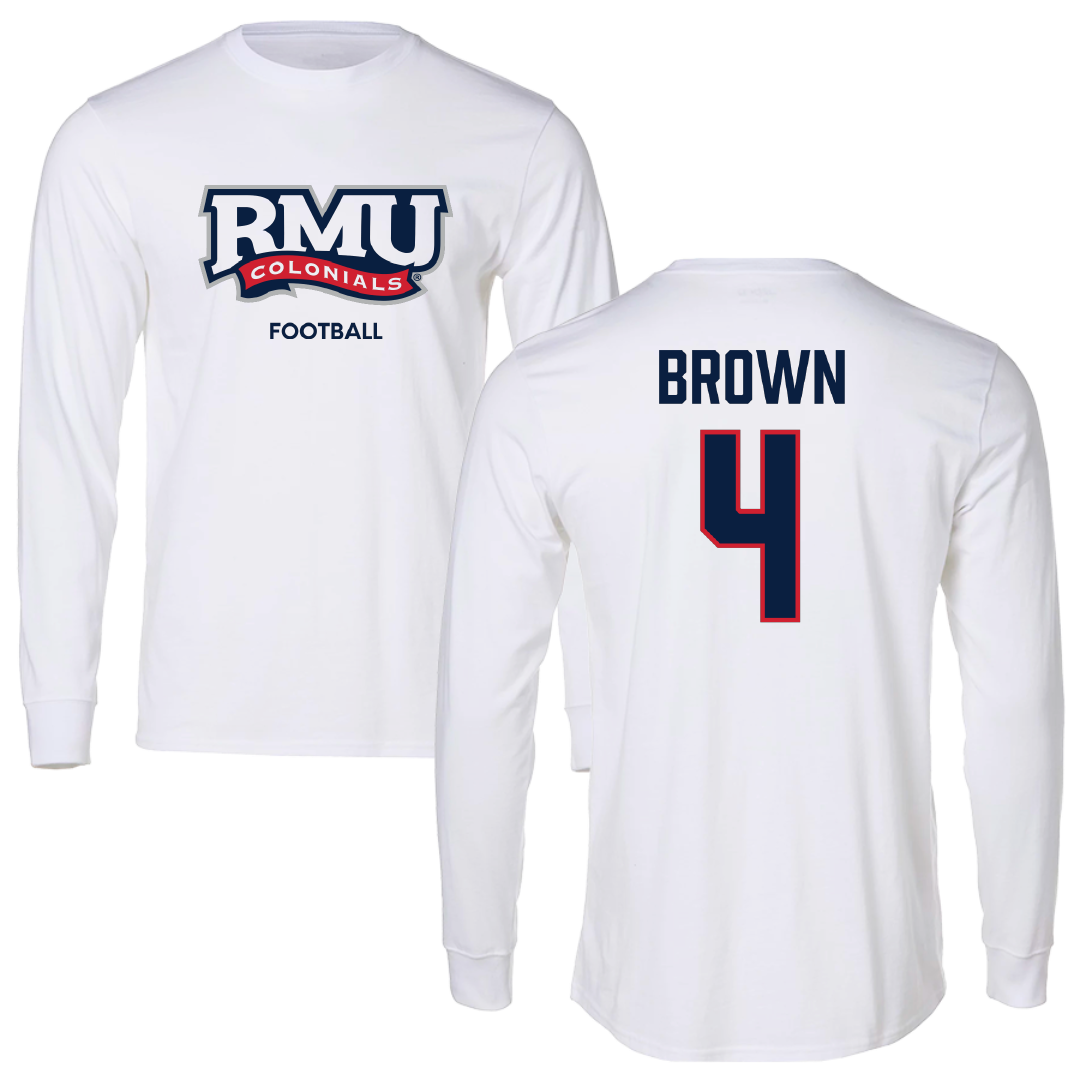 Robert Morris University Football White Mascot Performance Long Sleeve - #4 Tony Brown