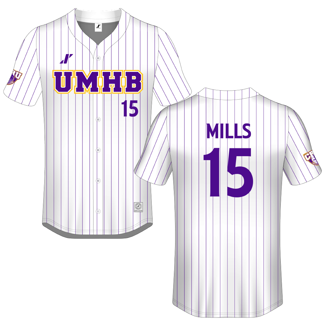 University of Mary Hardin-Baylor White Pinstripe Button-Down Jersey - #15 Ryleigh Mills