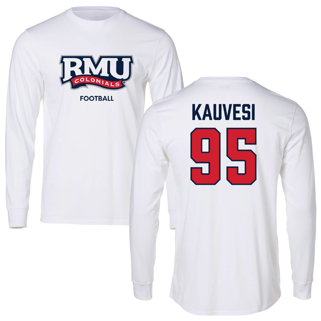 Robert Morris University Football White Performance Long Sleeve - #95 Josh Kauvesi