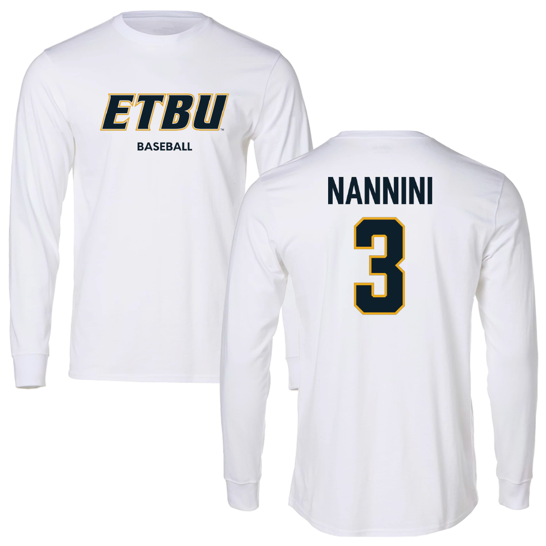 East Texas Baptist University Baseball White Performance Long Sleeve - #3 Carter Nannini