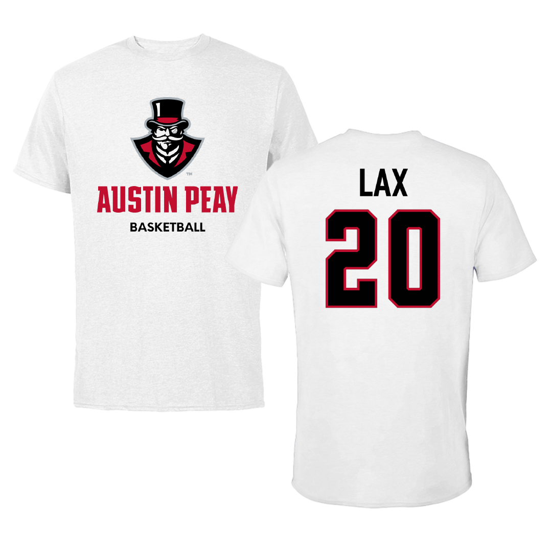 Austin Peay State University Basketball (M) White Performance Tee - #20 Jaquan Lax