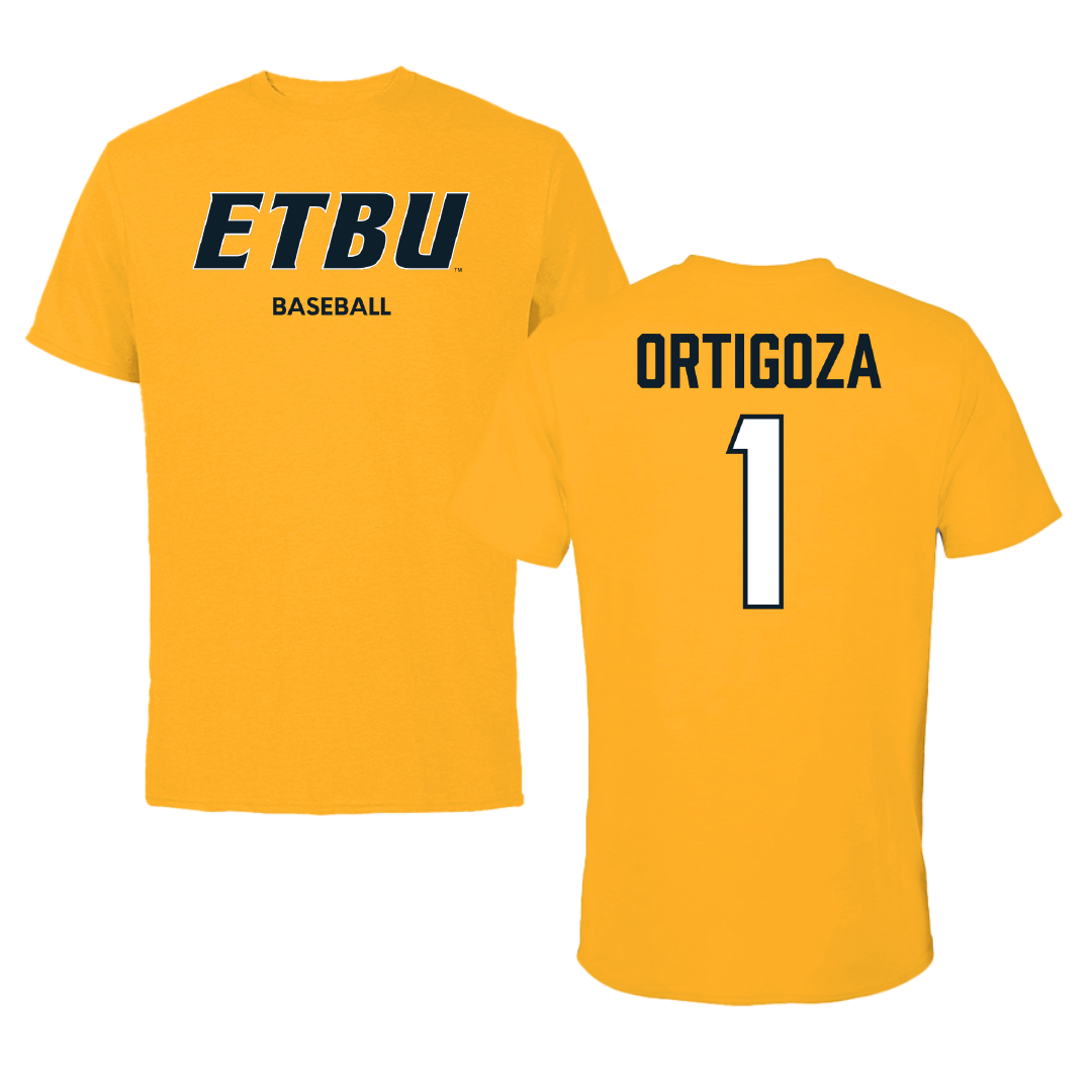 East Texas Baptist University Baseball Gold Tee - #1 Juan Ortigoza