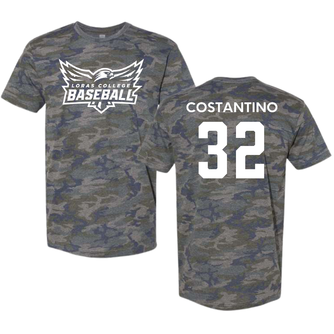 Loras College Baseball Vintage Camo Baseball Tee - #32 Vinny Costantino