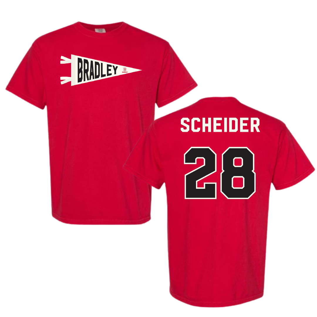 Bradley University Baseball Red Pennant Comfort Colors Tee - #28 Calen Scheider