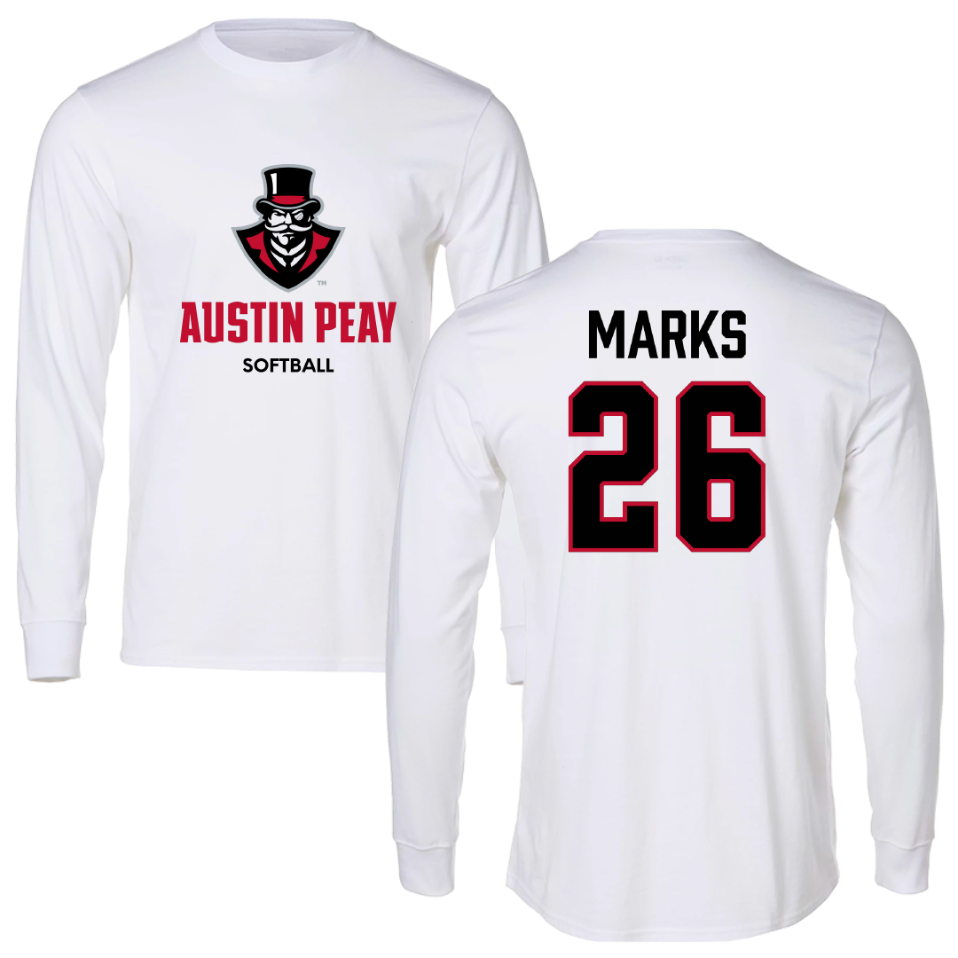 Austin Peay State University Softball White Performance Long Sleeve - #26 Emily Marks