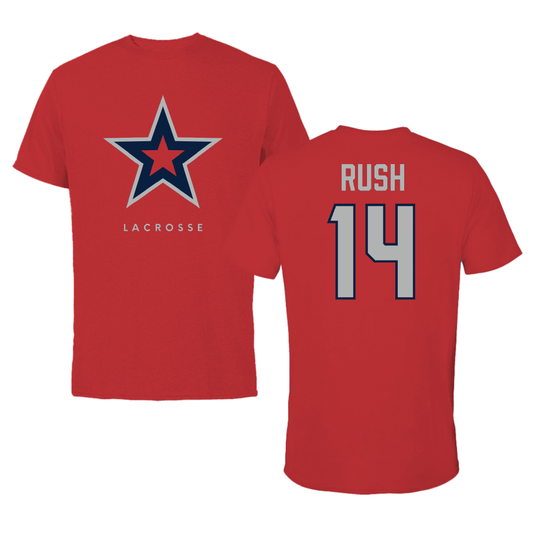 Robert Morris University Lacrosse Red Tee - #14 Tommy Rush