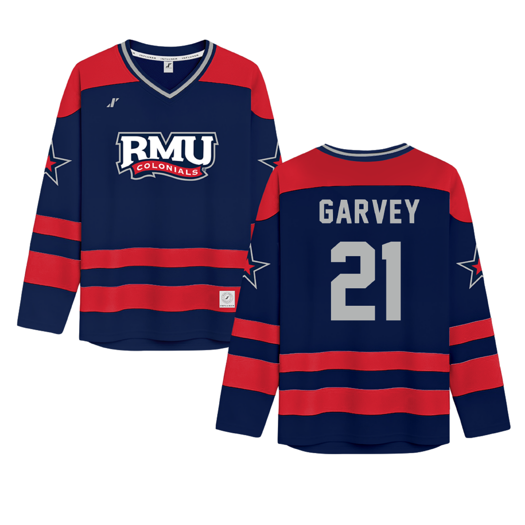 Robert Morris University Navy Hockey Jersey - #21 Cameron Garvey