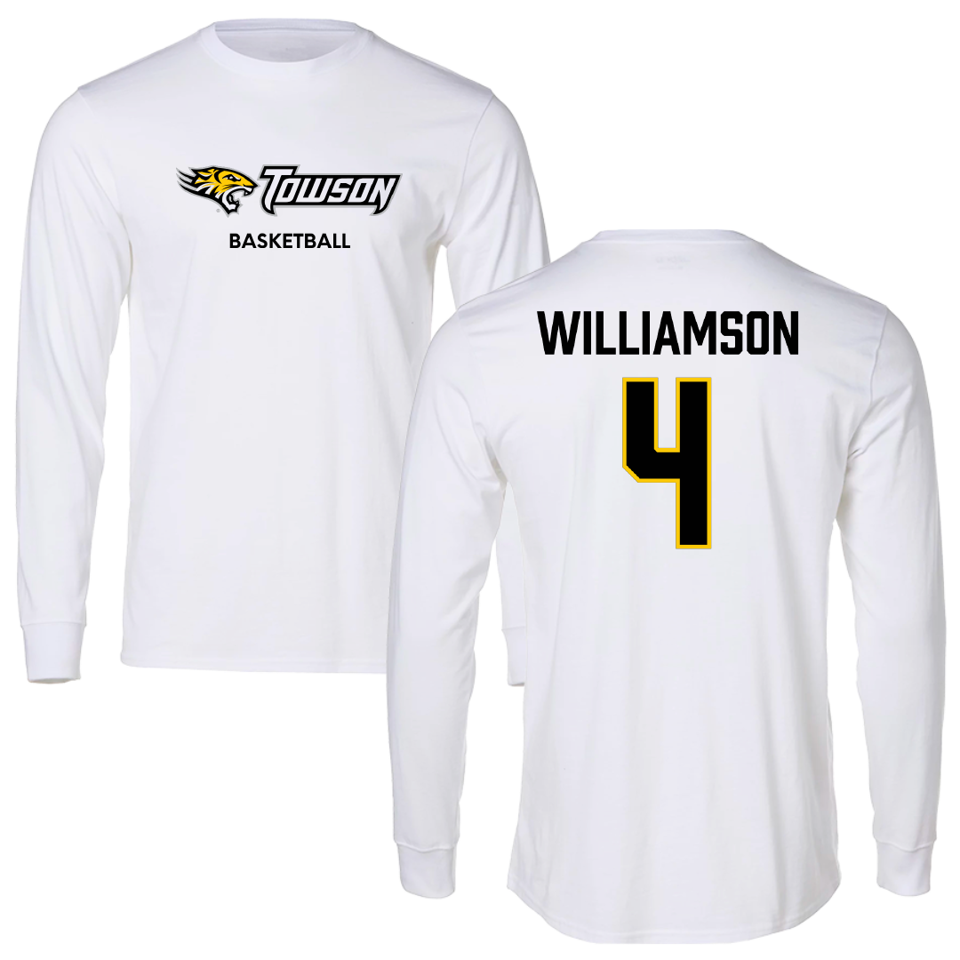 Towson University Basketball (M) White Performance Long Sleeve - #4 Dylan Williamson