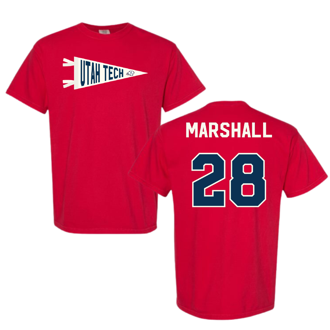 Utah Tech University Baseball Red Pennant Comfort Colors Tee - #28 Jonah Marshall