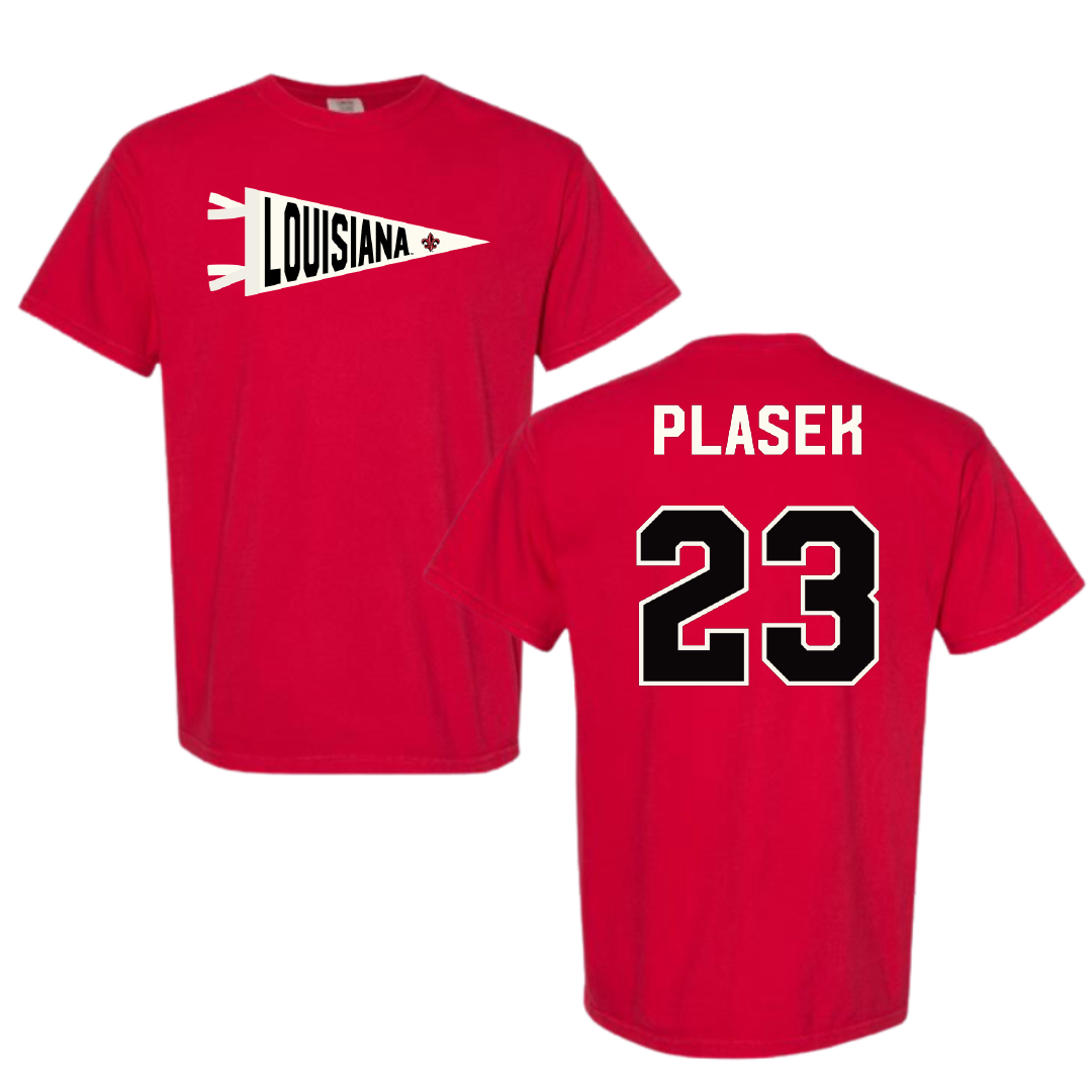 University of Louisiana at Lafayette Soccer Red Pennant Comfort Colors Tee - #23 Liberty Plasek