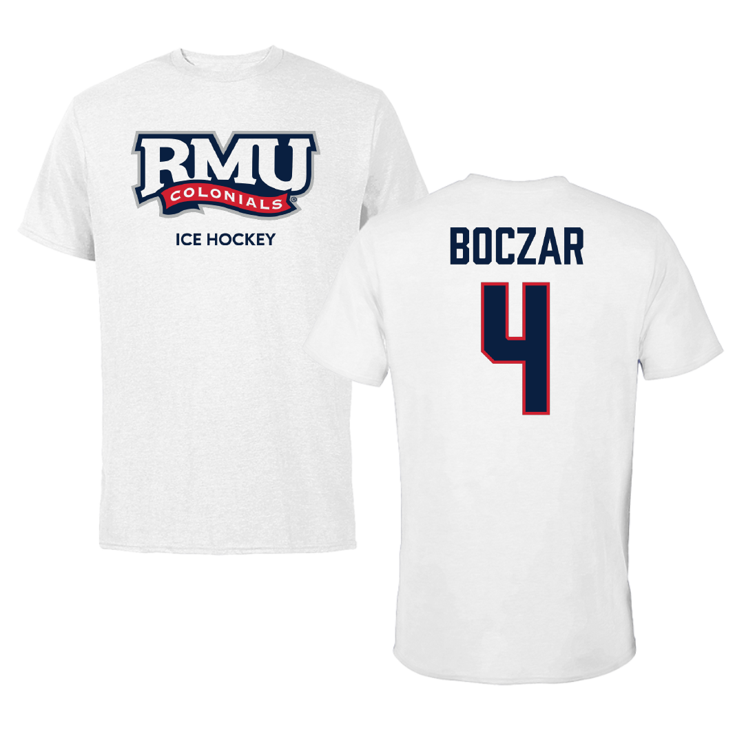 Robert Morris University Ice Hockey (M) White Performance Tee - #4 Matt Boczar