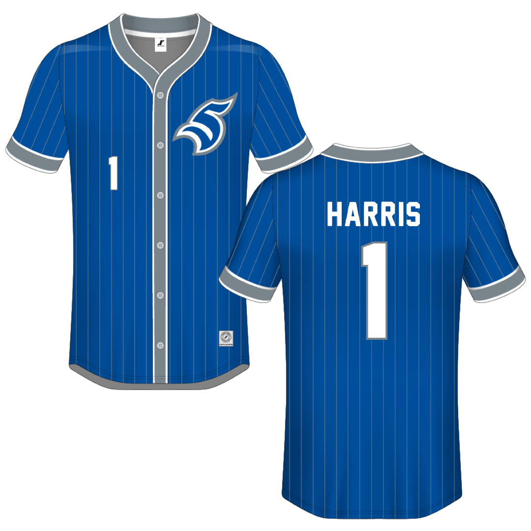 Thomas More University Blue Pinstripe Button-Down Jersey - #1 Natalie Harris