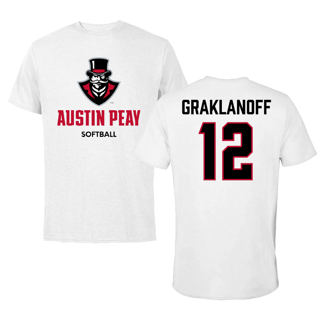 Austin Peay State University Softball White Performance Tee - #12 Ashlyn Graklanoff