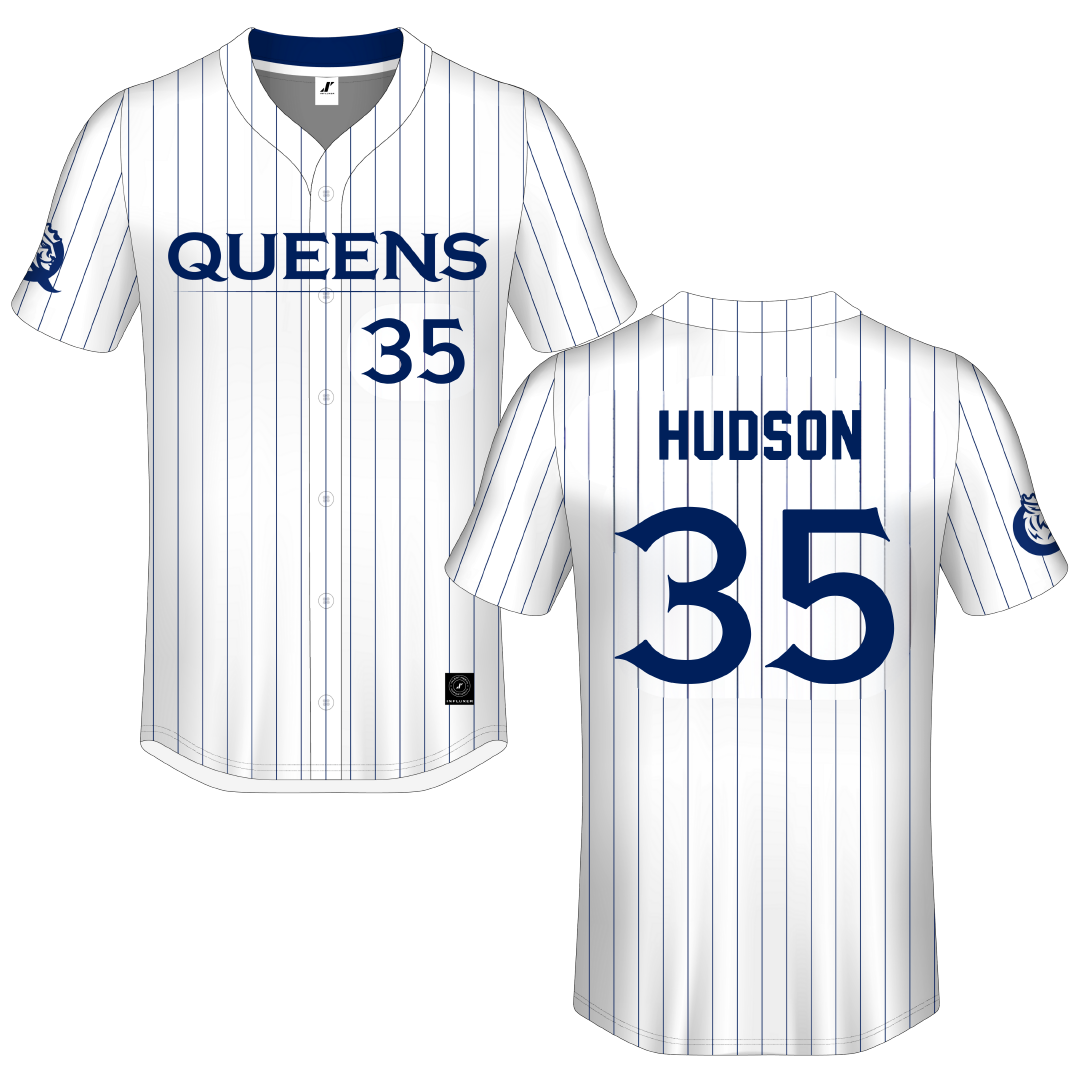 Queens University of Charlotte White Pinstripe Royals Button-Down Jersey - #35 Justin Hudson
