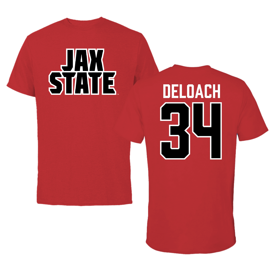 Jacksonville State University Football Red Tee - #34 Dajwon DeLoach