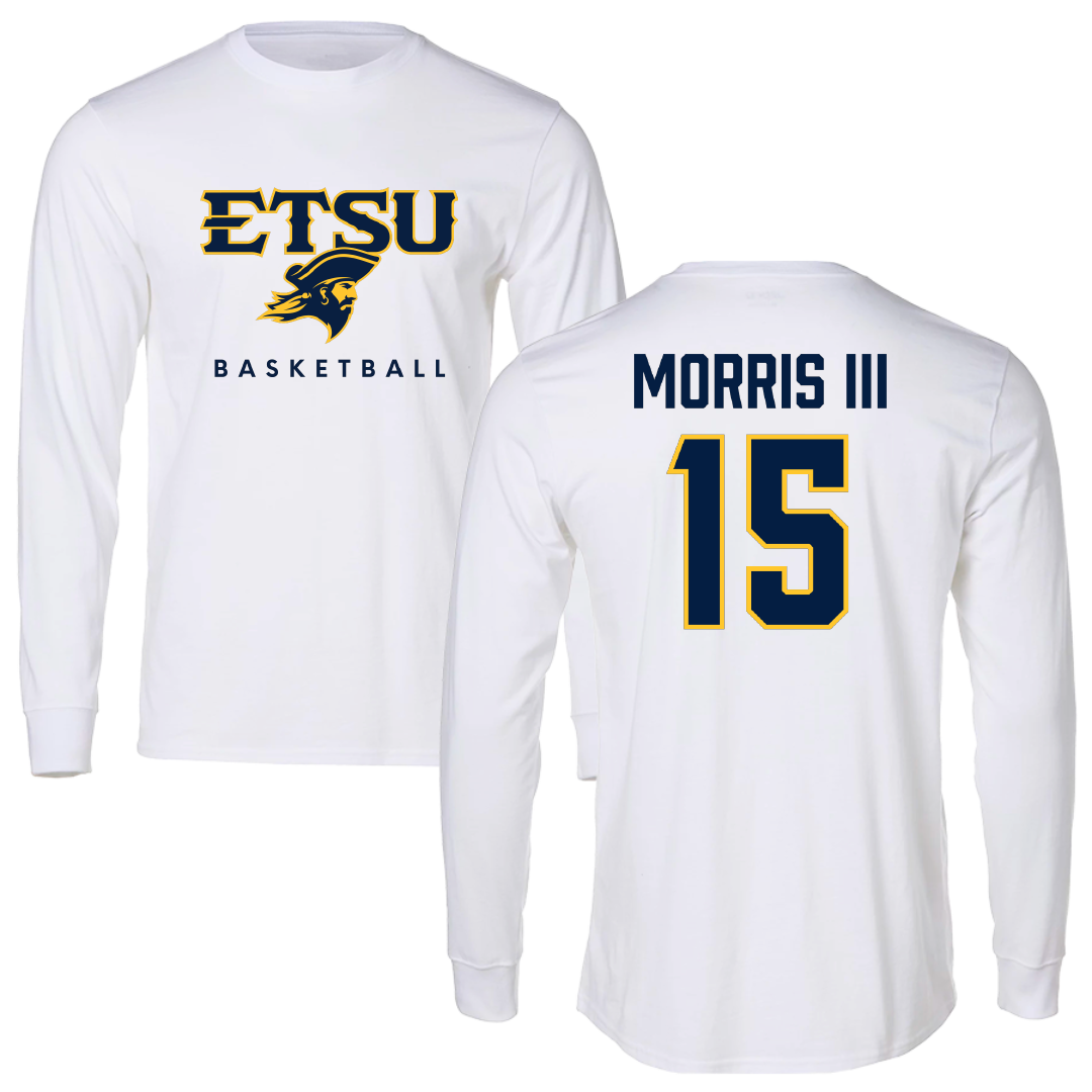 East Tennessee State University Basketball White Performance Long Sleeve - #15 Cam Morris III