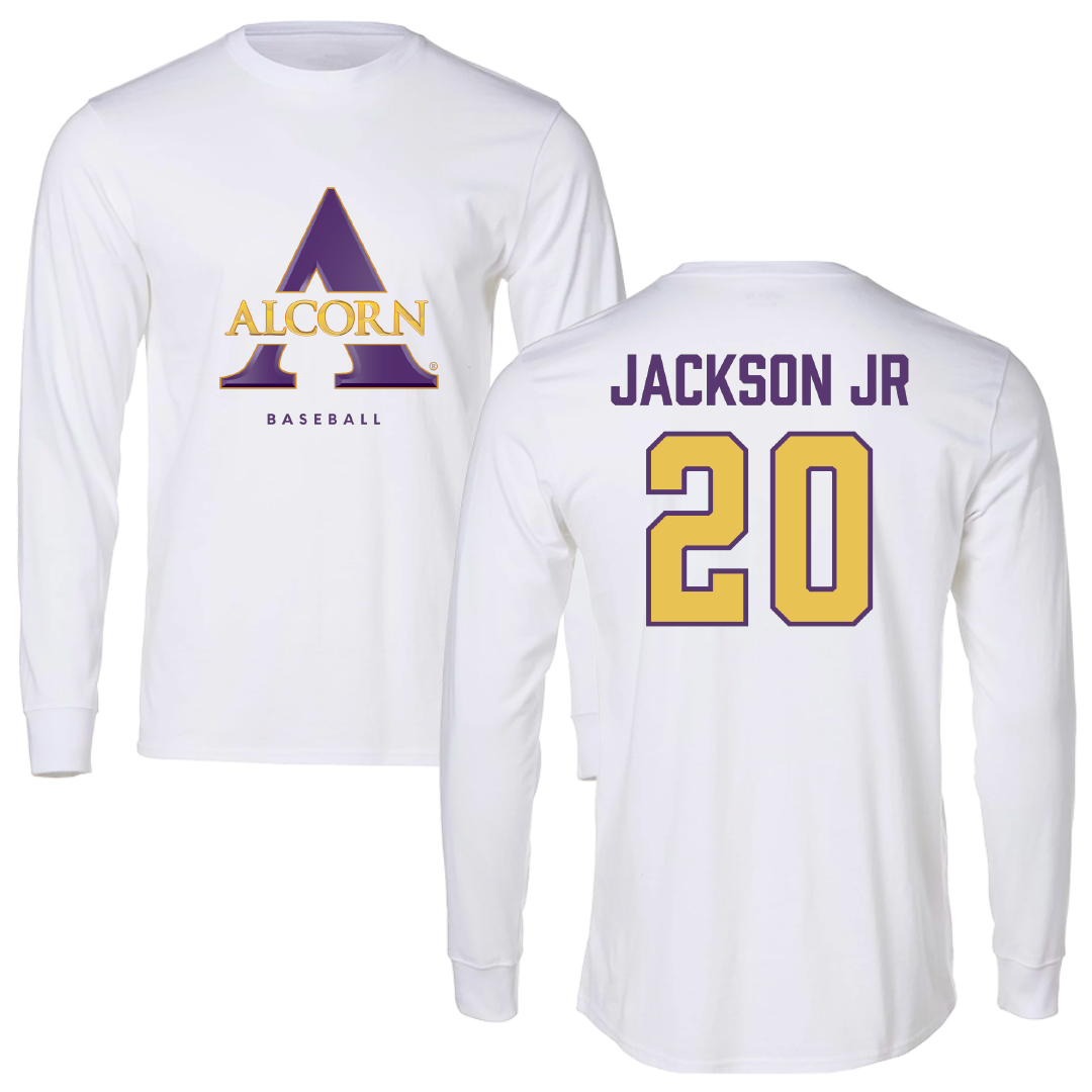 Alcorn State University Baseball White Performance Long Sleeve - #20 Kevin Jackson Jr