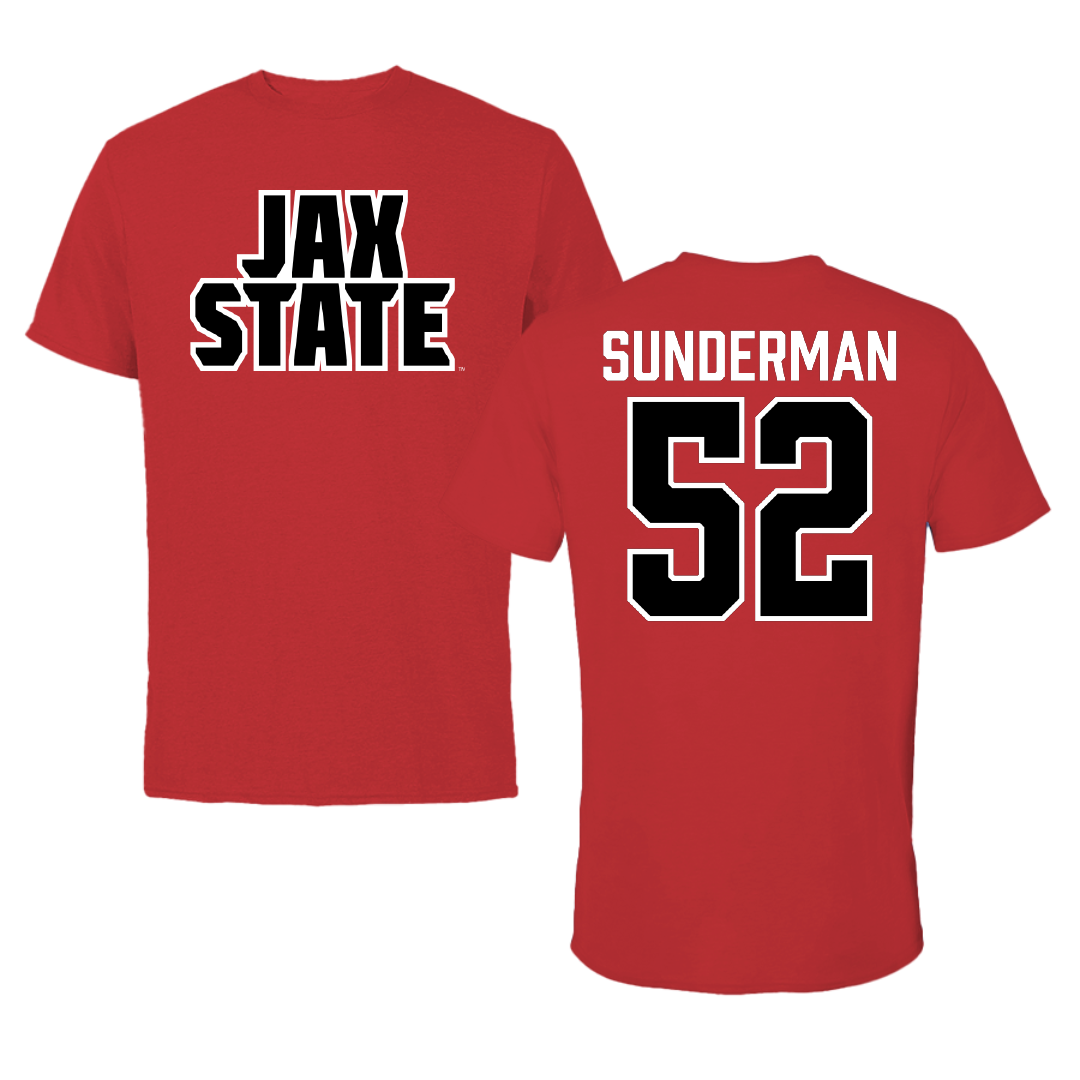 Jacksonville State University Football Red Performance Tee - #52 Maddox Sunderman