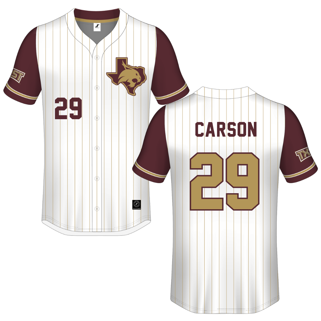 Texas State University White Pinstripe Button-Down Jersey - #29 Tanner Carson