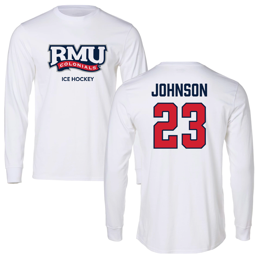 Robert Morris University Ice Hockey (M) White Performance Long Sleeve - #23 Luke Johnson