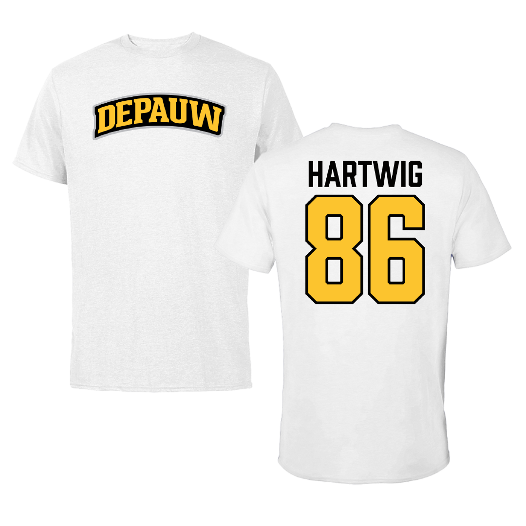 DePauw University Football White Performance Tee - #86 Gunnar Hartwig