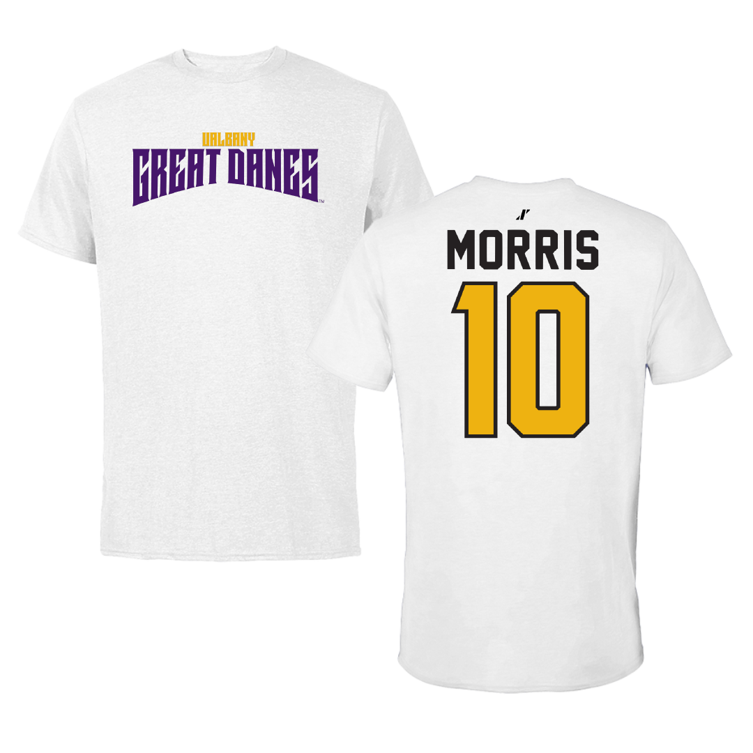 University at Albany Baseball White Classic Performance Tee - #10 Logan Morris
