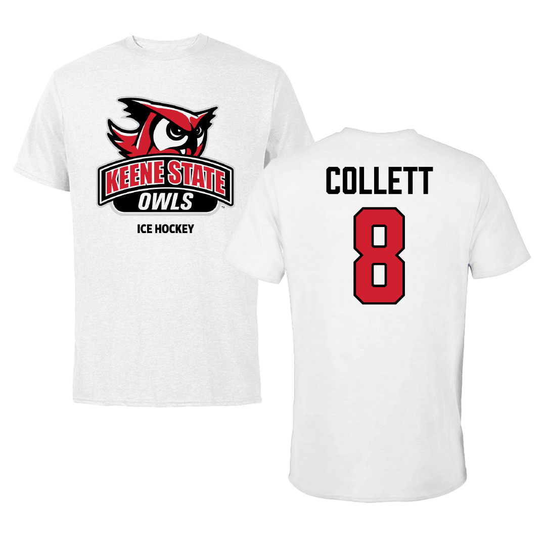 Keene State College Ice Hockey (M) White Performance Tee - #8 Michael Collett