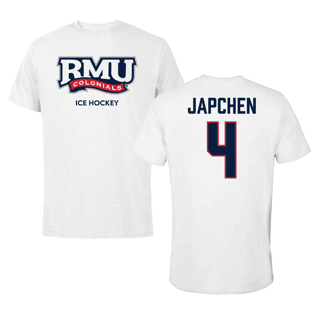 Robert Morris University Ice Hockey (M) White Performance Tee - #4 Greg Japchen