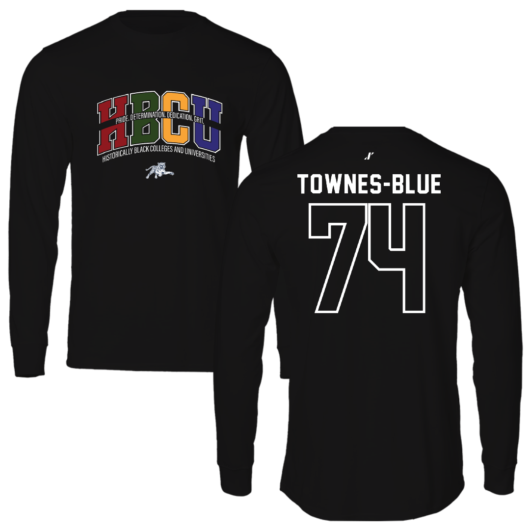 Jackson State University Football Black HBCU Performance Long Sleeve - #74 D’Andre Townes-Blue
