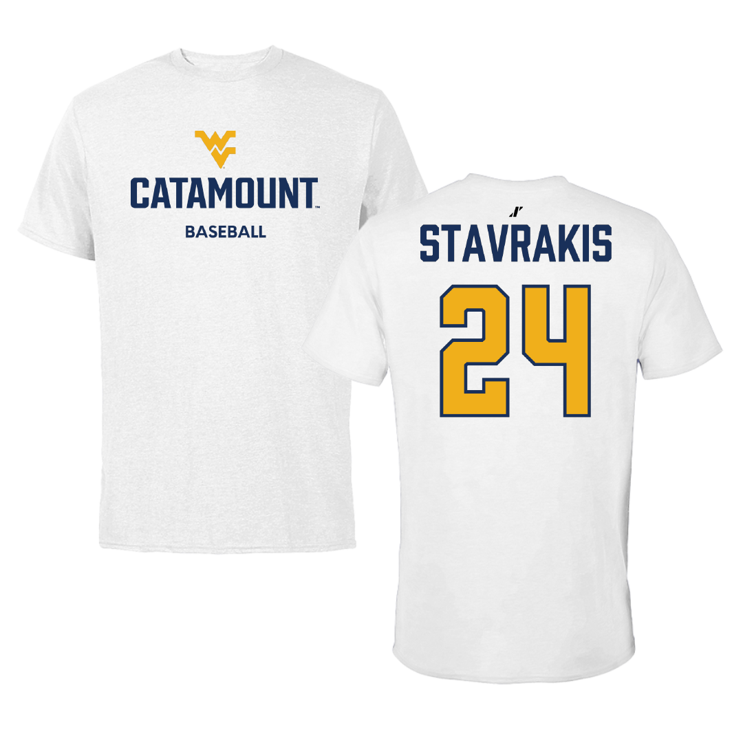 Potomac State College Baseball White Tee - #24 Jacob Stavrakis