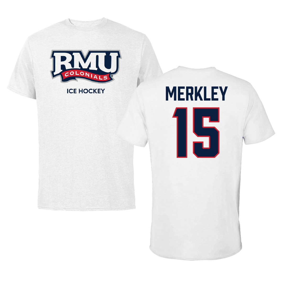 Robert Morris University Ice Hockey (M) White Performance Tee - #15 Charles Merkley