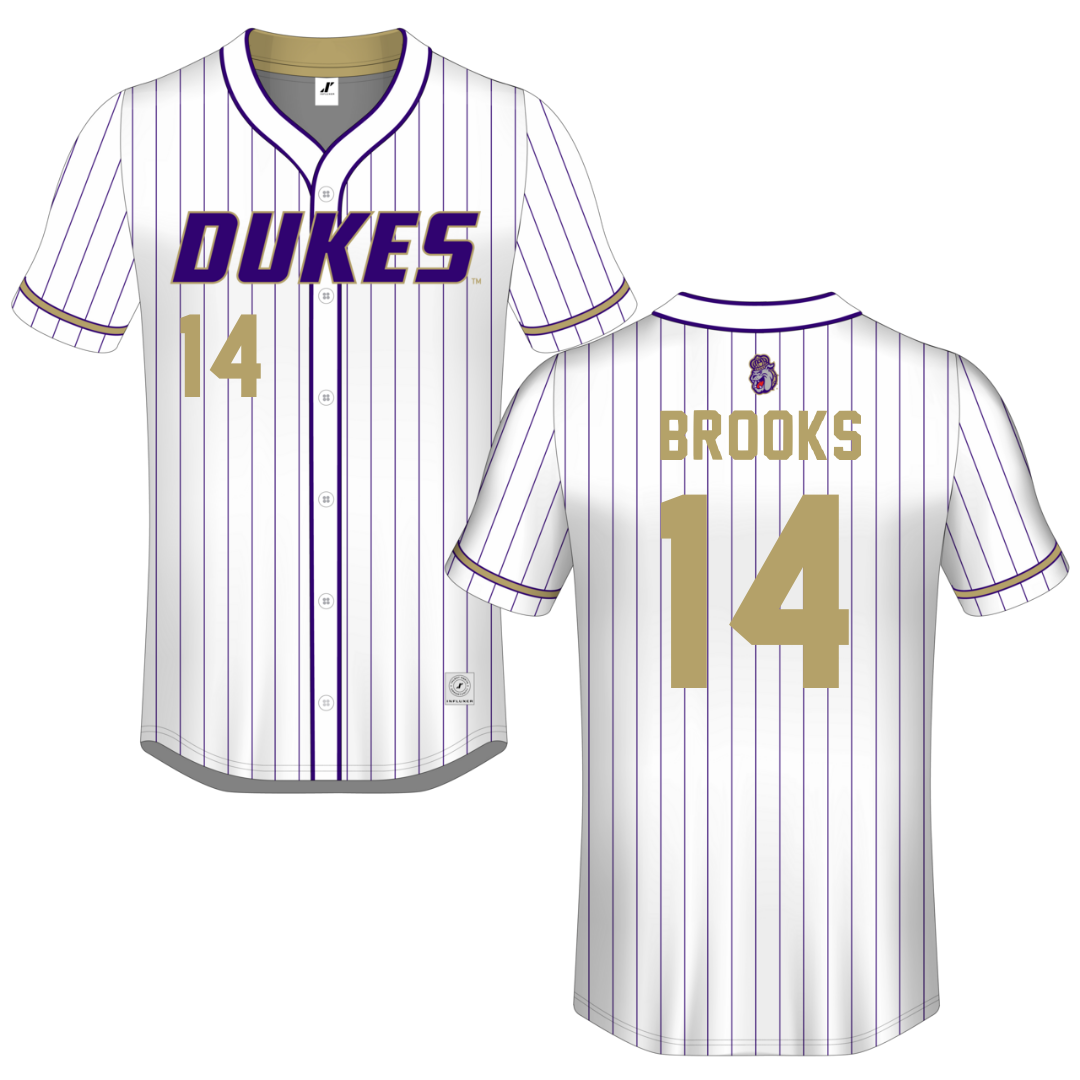 James Madison University White Pinstripe Button-Down Jersey - #14 TJ Brooks