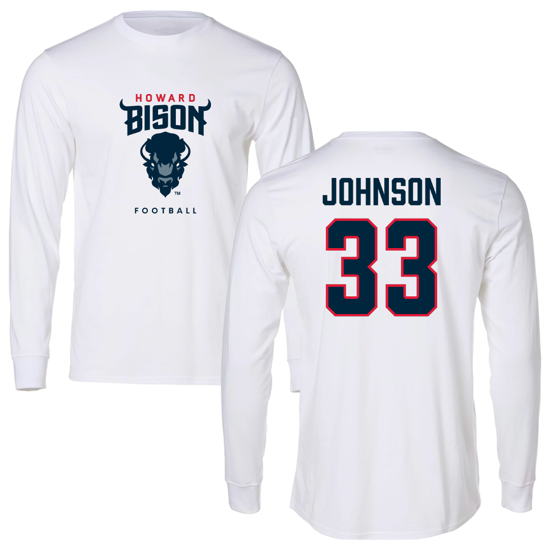 Howard University Football White Performance Long Sleeve - #33 Demir Johnson