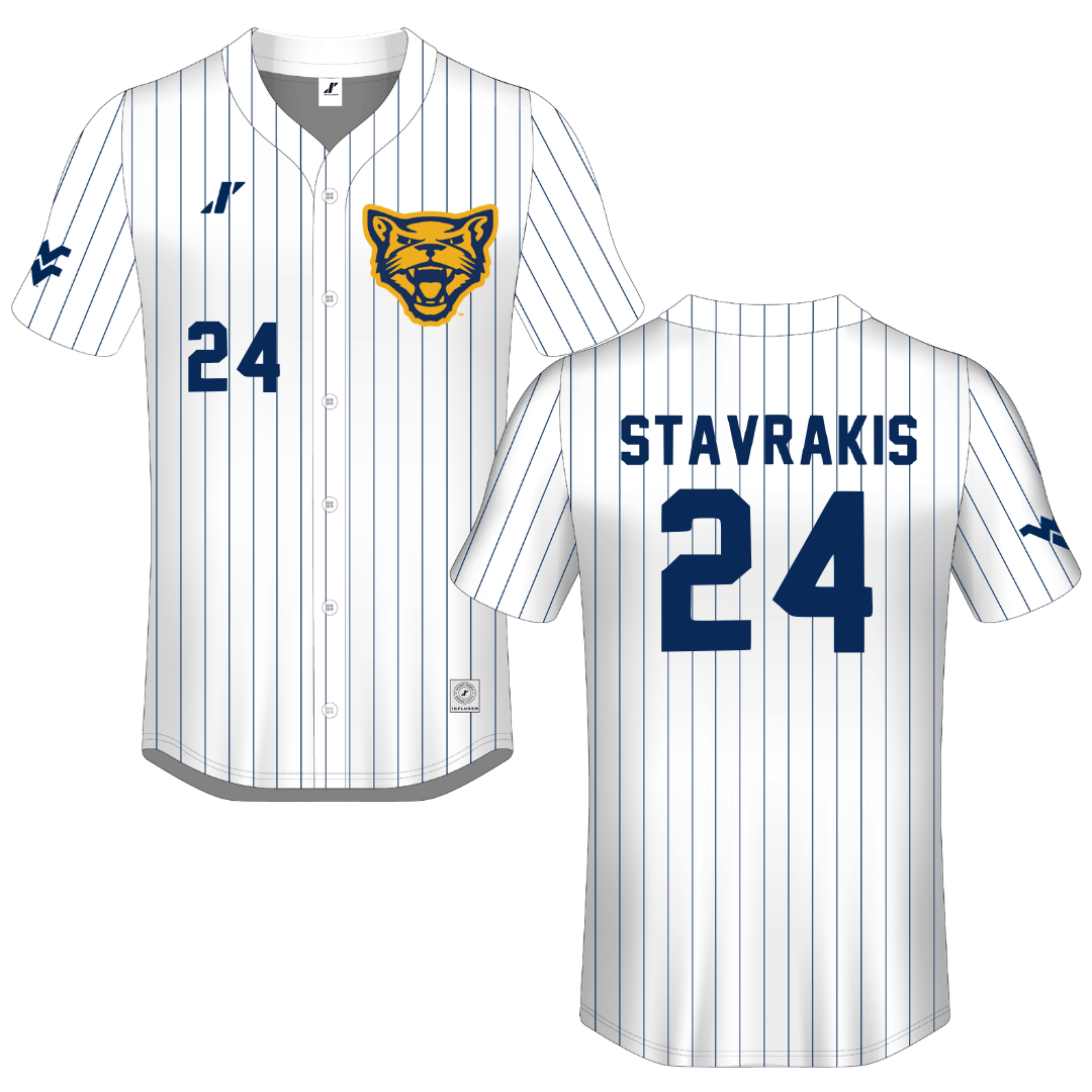 Potomac State College White Pinstripe Button-Down Jersey - #24 Jacob Stavrakis